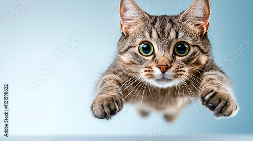 Wallpaper Mural A playful tabby cat leaps into the air, showcasing its agility and curious personality against a soft blue background. Torontodigital.ca