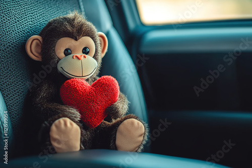 Plush Monkey Holding Red Heart on Car Seat (walentynka)
