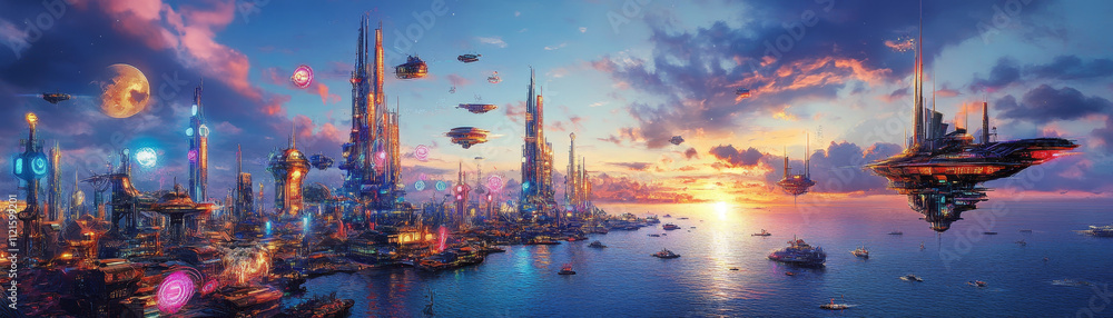 Naklejka premium Futuristic City Skyline at Sunset Over Ocean with Flying Vehicles