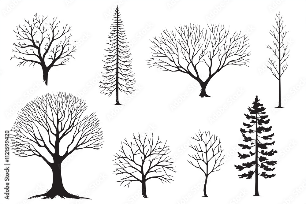 Fototapeta premium Various black tree silhouettes on white background.