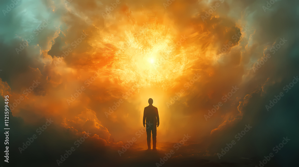 Glowing silhouette symbolizing divine enlightenment and ethereal presence. Nimbus. Illustration Glowing silhouette symbolizing divine enlightenment and ethereal presence. Nimbus. Illustration