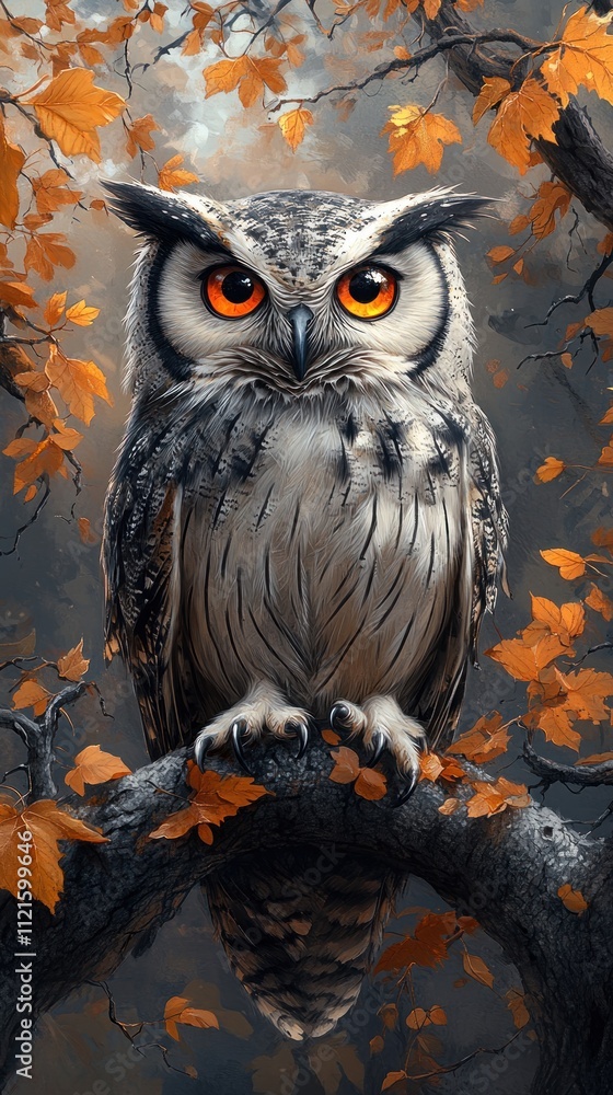 Here's a possible and keyword list for your image.. Majestic owl perched on autumn branch. Here's a possible and keyword list for your image.. Majestic owl perched on autumn branch.