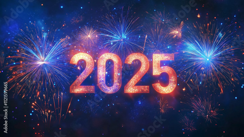 Vibrant fireworks illuminate the 2025 New Year celebration against a starry night backdrop.