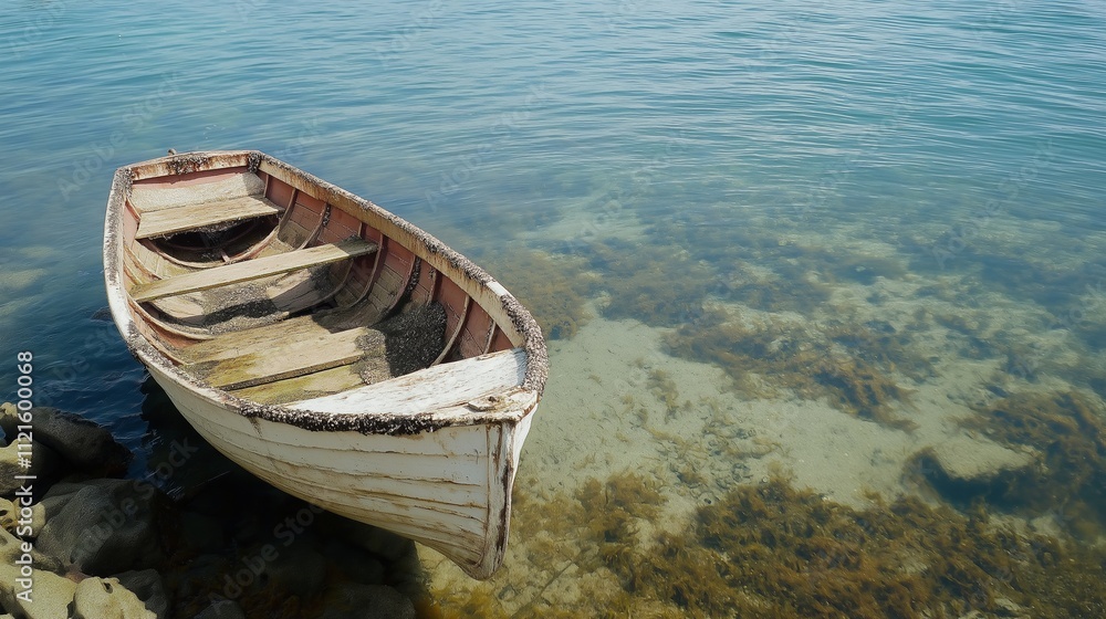 Weathered wooden rowboat rests on a rocky shore, its hull covered in barnacles and algae, partially submerged in murky water, evoking a history of maritime journeys Weathered wooden rowboat rests on a rocky shore, its hull covered in barnacles and algae, partially submerged in murky water, evoking a history of maritime journeys
