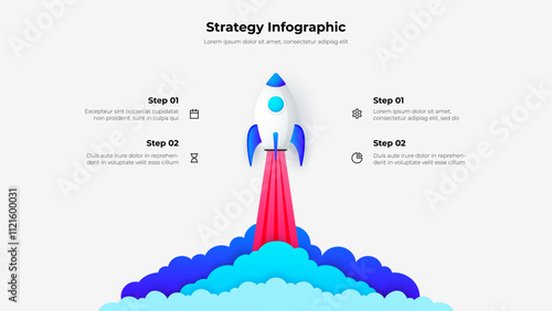 Startup business project strategy planning infographic showing rocket launch with steps and timeline