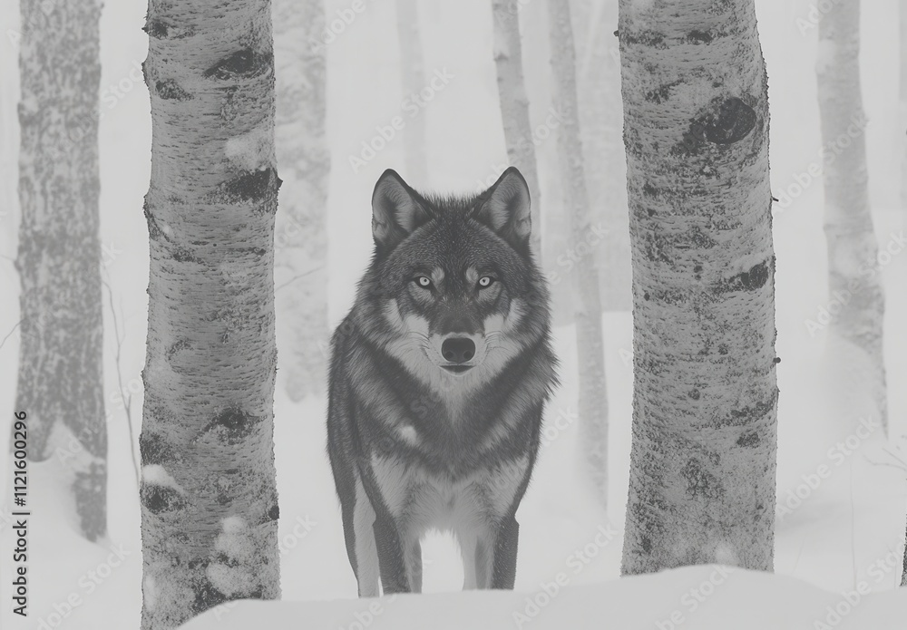 Obraz premium In winter, a Grey Wolf (Canis lupus) looks up and to the right while positioned between trees