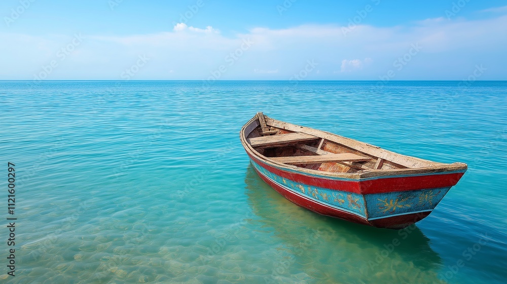 Wooden boat with hand-painted decorations floating peacefully on crystal-clear turquoise water under a bright blue sky, evoking a serene and traditional vietnamese coastal scene Wooden boat with hand-painted decorations floating peacefully on crystal-clear turquoise water under a bright blue sky, evoking a serene and traditional vietnamese coastal scene