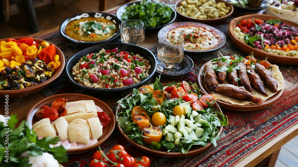 A vibrant table bursting with various dishes of various foods, Numerous delicious snacks are surrounding on the table, Warm festive table setting with variety of dishes and foods. A vibrant table bursting with various dishes of various foods, Numerous delicious snacks are surrounding on the table, Warm festive table setting with variety of dishes and foods.