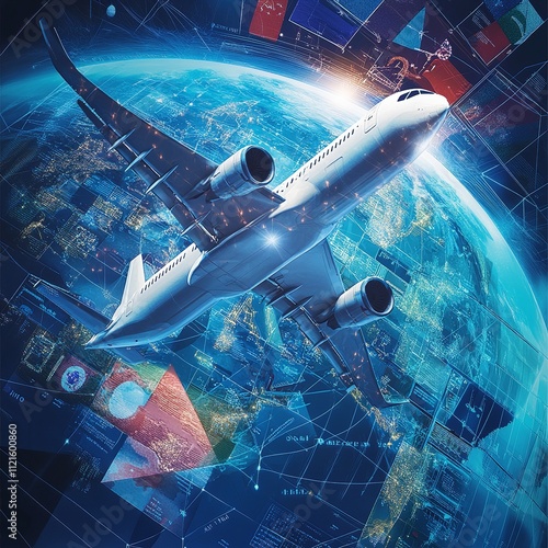 International Civil Aviation Day Poster with Jetliner Flying Over a Digital World Map photo