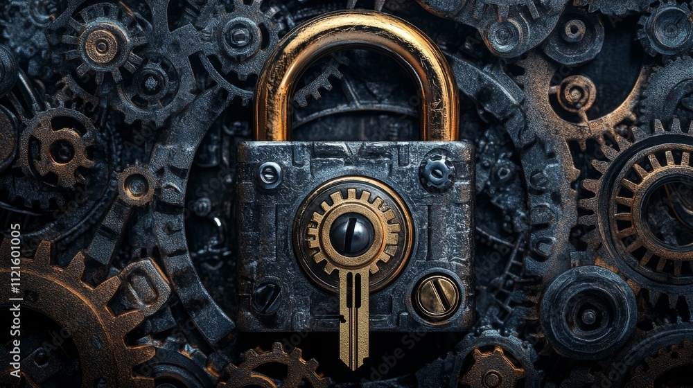 A powerful combination padlock with its key, surrounded by gears and machinery parts, showcasing its intricate design and durability A powerful combination padlock with its key, surrounded by gears and machinery parts, showcasing its intricate design and durability
