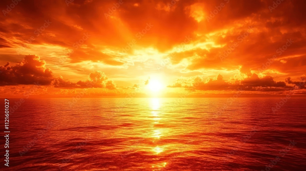 Obraz premium Fiery sunset over calm, orange ocean.