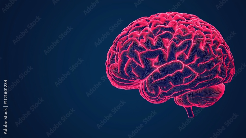 Vibrant digital illustration of a human brain on a dark background, showcasing neural patterns. Vibrant digital illustration of a human brain on a dark background, showcasing neural patterns.
