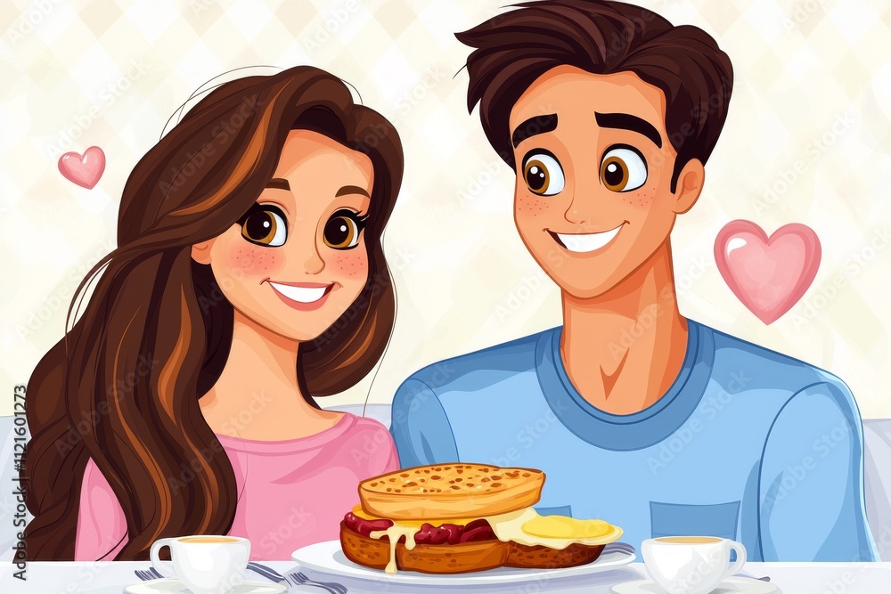 Cheerful couple enjoying a cozy breakfast together with pancakes and coffee, exuding warmth and love. Cheerful couple enjoying a cozy breakfast together with pancakes and coffee, exuding warmth and love.