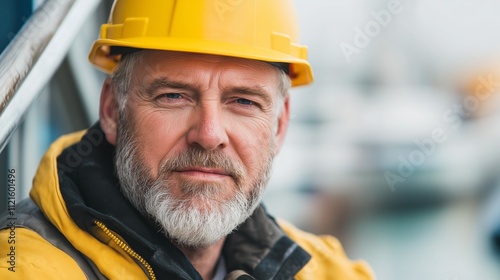 Confident dockworker in hardhat and safety jacket overseeing boat lifting operations in a busy modern marina, ensuring efficient handling of vessels