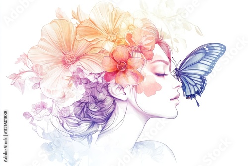 person with flowers and butterfly on her nose