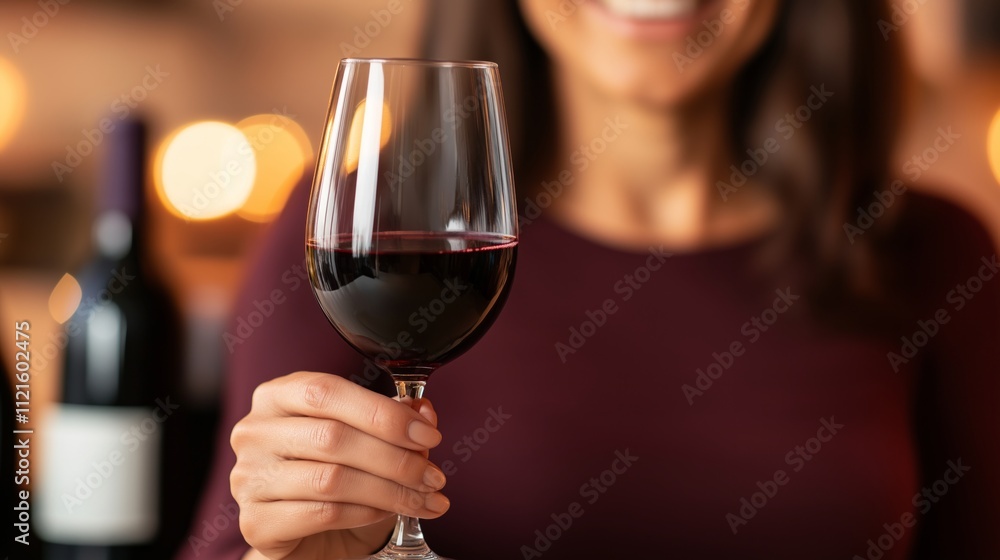 Elegant woman enjoying a glass of red wine in the foreground, with a blurred background of cozy lights and wine bottles, setting a festive mood Elegant woman enjoying a glass of red wine in the foreground, with a blurred background of cozy lights and wine bottles, setting a festive mood
