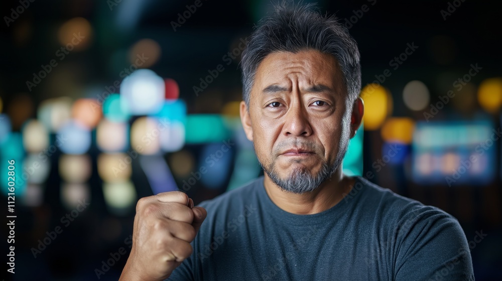 Angry middle-aged asian man clenching his fist in frustration in a casino, with blurred slot machines adding to the atmosphere of gambling stress Angry middle-aged asian man clenching his fist in frustration in a casino, with blurred slot machines adding to the atmosphere of gambling stress
