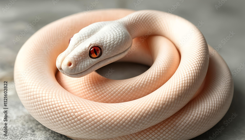 Fototapeta premium Striking albino python in a pale peach hue, detailed close-up highlighting its scales and piercing red gaze
