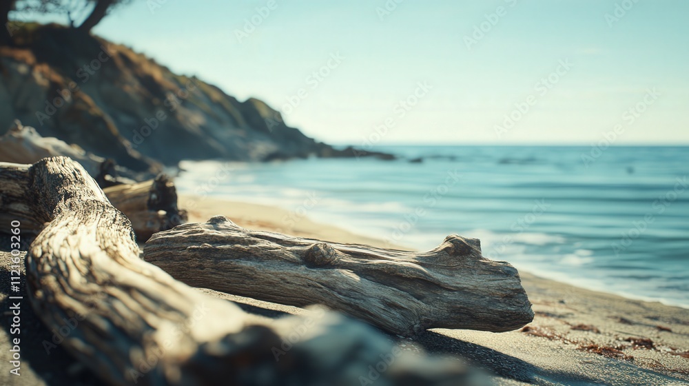 driftwood logs resting along a quiet shoreline. The warm tones of the wood are contrasted by the cool hues of the ocean driftwood logs resting along a quiet shoreline. The warm tones of the wood are contrasted by the cool hues of the ocean