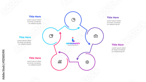 Outline Infographic circular diagram for business presentations with 5 steps or options. Pentagon cycle chart