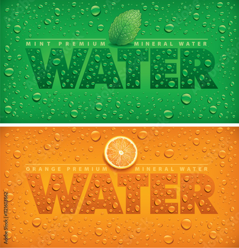 aqua mineral water with dropsmany fresh drops on orange and green backgrounds with splash, orange and lime slice, mint leaf	
