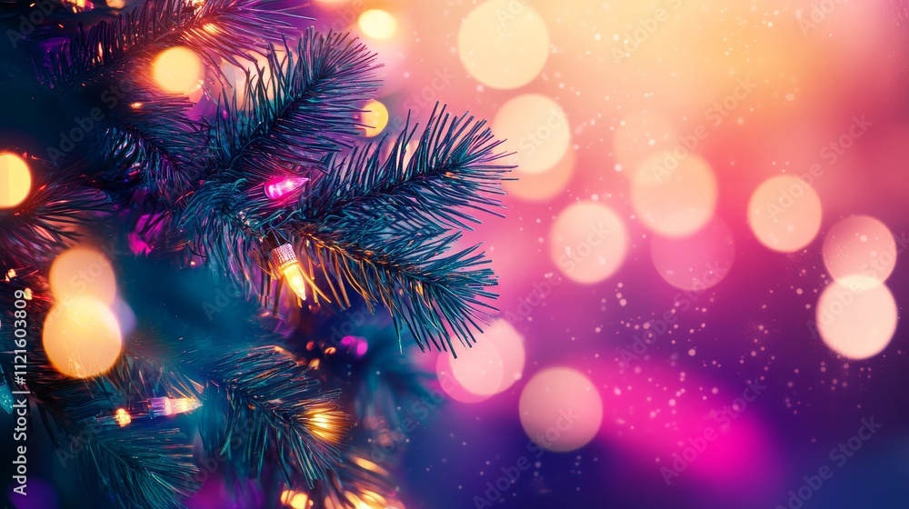 A close-up of a Christmas tree branch adorned with colorful light, set against a blurred festive background. A close-up of a Christmas tree branch adorned with colorful light, set against a blurred festive background.