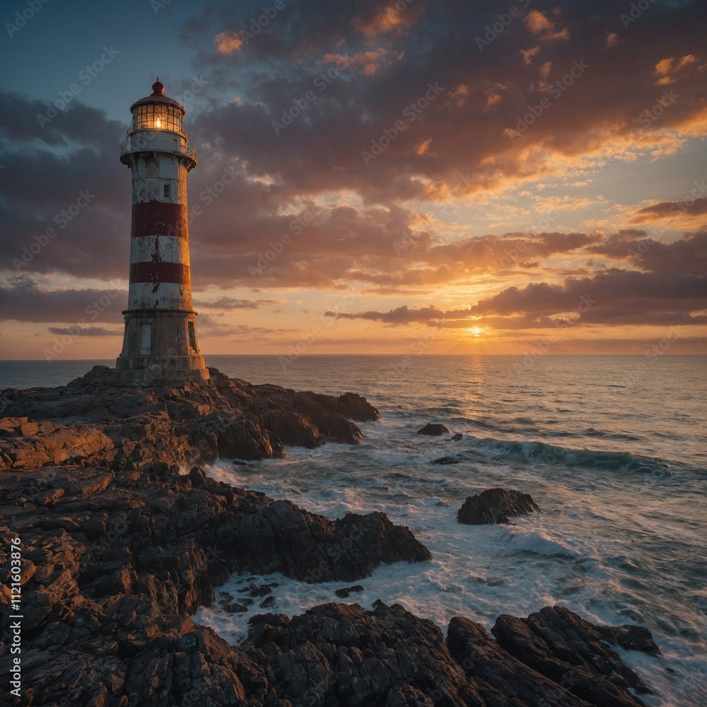 Fototapeta premium An abandoned lighthouse standing tall on a rocky coastline during sunset.