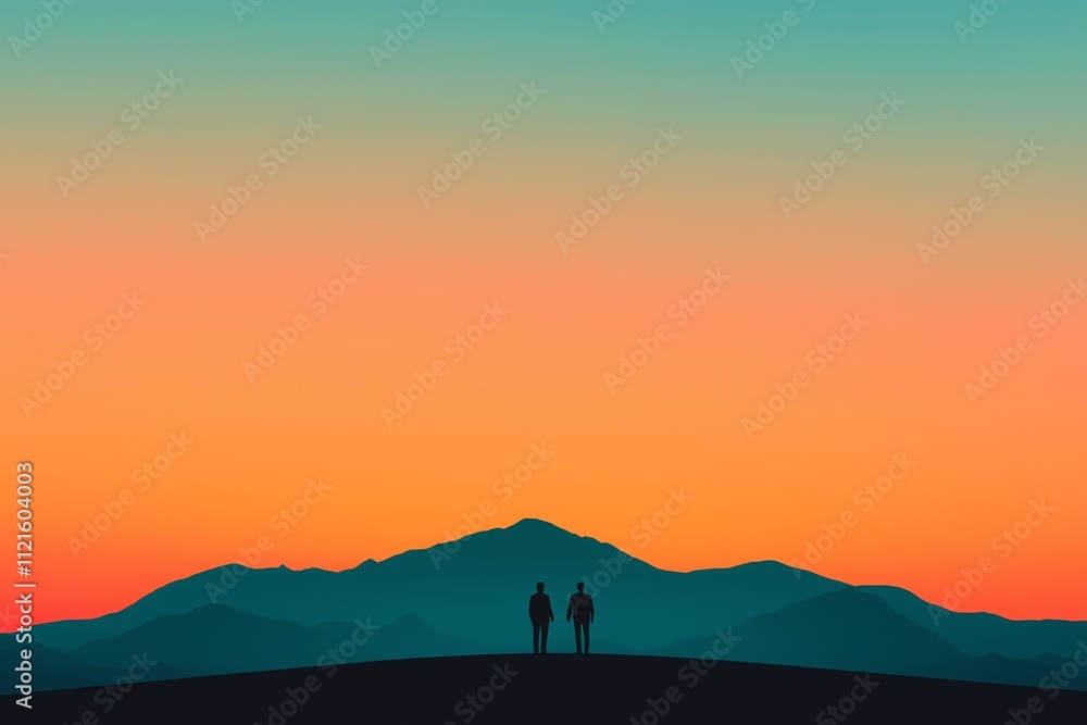 Silhouette of two people against a vibrant sunset over majestic mountains. Silhouette of two people against a vibrant sunset over majestic mountains.