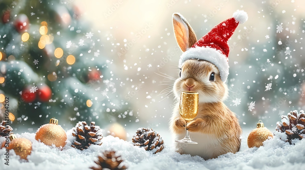Adorable bunny wearing a Santa hat holding a champagne glass, surrounded by snow-covered pinecones, golden ornaments, and snowflakes, festive bokeh lights and Christmas tree background, perfect for Ne Adorable bunny wearing a Santa hat holding a champagne glass, surrounded by snow-covered pinecones, golden ornaments, and snowflakes, festive bokeh lights and Christmas tree background, perfect for Ne