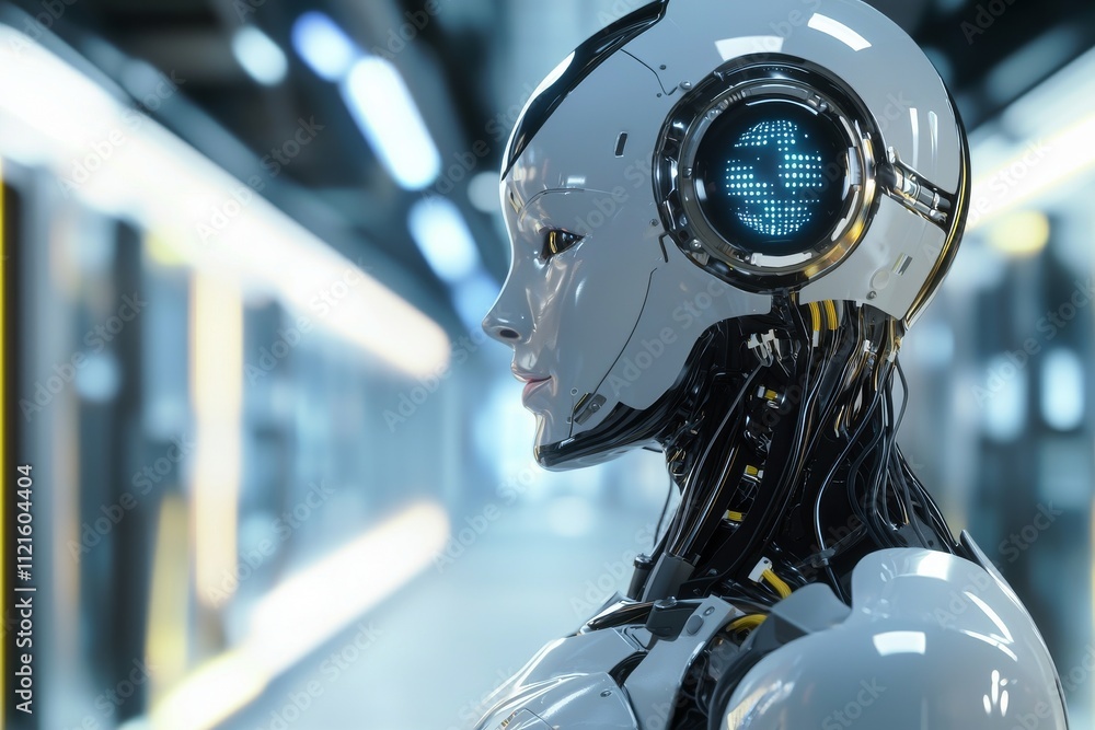 A futuristic humanoid robot with a sleek design and glowing blue elements, set in a high-tech environment. A futuristic humanoid robot with a sleek design and glowing blue elements, set in a high-tech environment.