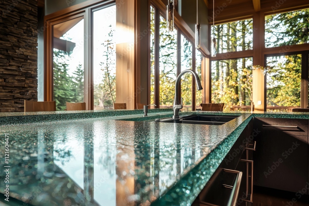 A modern kitchen featuring a stunning glass countertop and large windows with lush forest views. A modern kitchen featuring a stunning glass countertop and large windows with lush forest views.