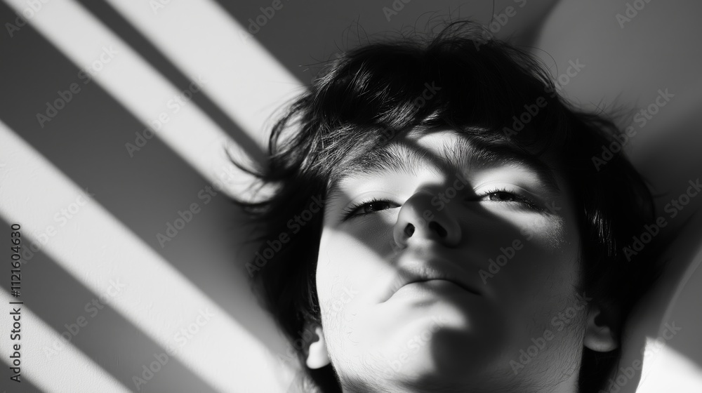 Monochrome portrait of a pensive young man reclining in bed, bathed in sunlight peeking through the blinds, casting striking patterns of light and darkness on his face Monochrome portrait of a pensive young man reclining in bed, bathed in sunlight peeking through the blinds, casting striking patterns of light and darkness on his face