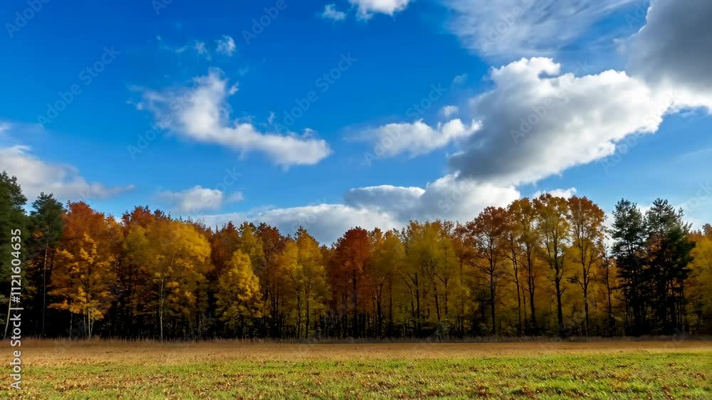 Golden autumn trees under a bright blue sky with fluffy clouds near a green field Golden autumn trees under a bright blue sky with fluffy clouds near a green field