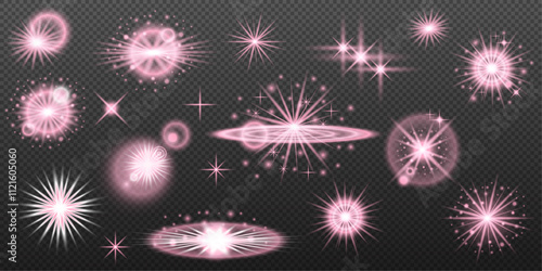 Set light effect Pink isolated flare explosion shiny dust line solar flare star spark neon light holidays festival, vector element