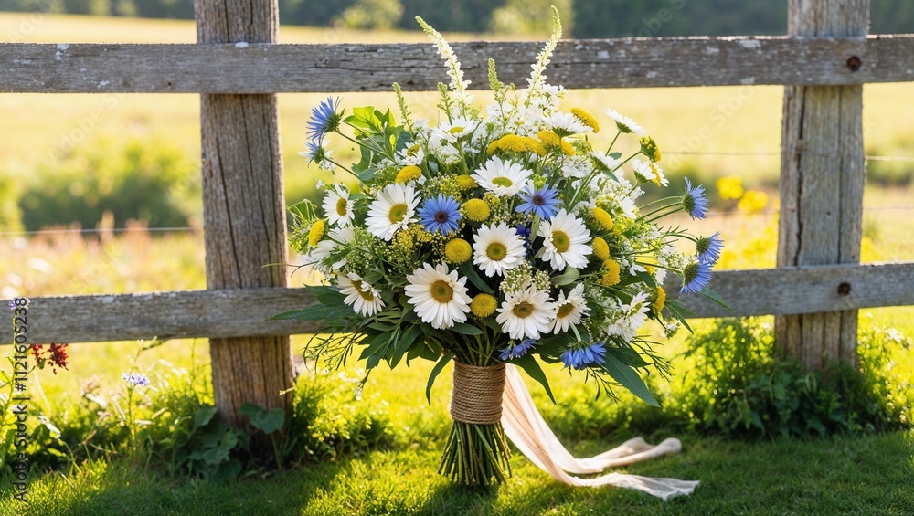Fototapeta premium Rustic Wildflower Bouquet with Daisies and Blue Accents by a Wooden Fence