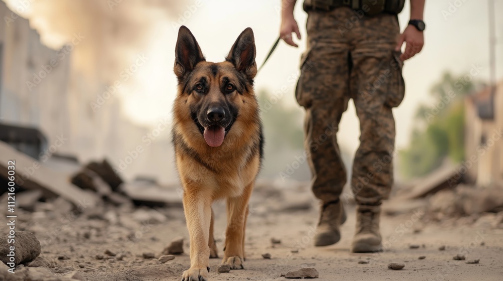 German shepherd dog walking alongside a soldier in camouflage uniform through a rubble-strewn area, symbolizing partnership and resilience in the face of disaster German shepherd dog walking alongside a soldier in camouflage uniform through a rubble-strewn area, symbolizing partnership and resilience in the face of disaster