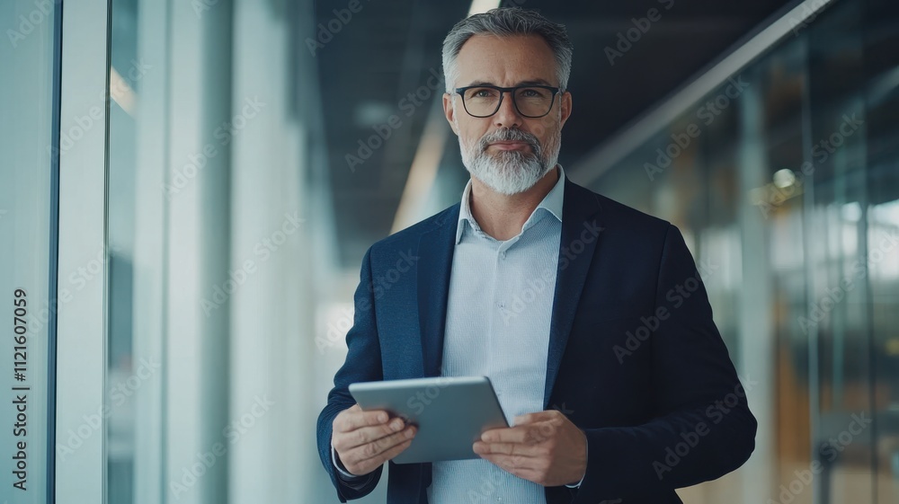 Professional HR manager holding tablet in bright hallway, collaborative atmosphere. Middle aged man hr manager Professional HR manager holding tablet in bright hallway, collaborative atmosphere. Middle aged man hr manager