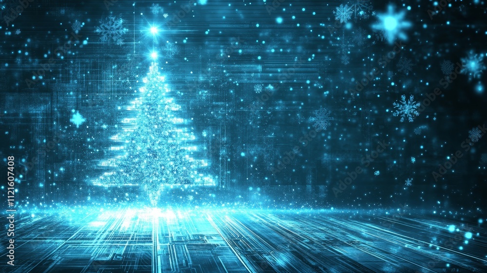 A glowing digital Christmas tree amidst a snowy blue background, evoking festive cheer. A glowing digital Christmas tree amidst a snowy blue background, evoking festive cheer.