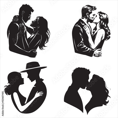 Set of silhouette Romantic couple, lovers hug, kiss and proposing vector
