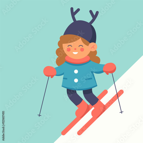 Cute girl in a Christmas deer costume, celebrating Christmas on skis. Сhildren's Christmas character. Flat vector illustration in cartoon style.