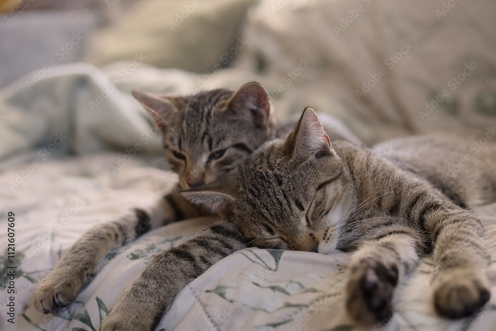 Two adorable, young gray cats resting on the comfortable couch together Two adorable, young gray cats resting on the comfortable couch together