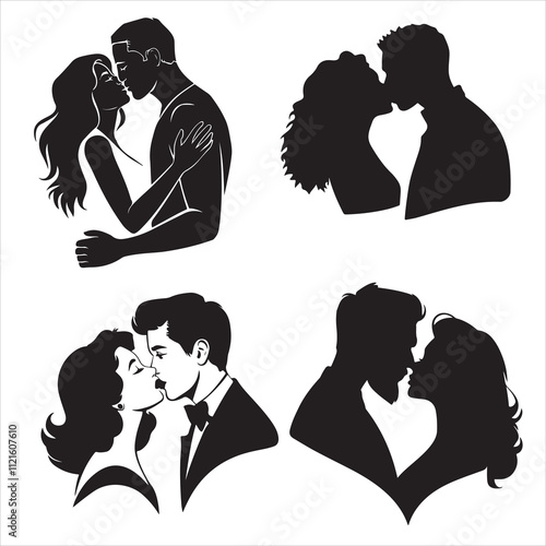 Set of silhouette Romantic couple, lovers hug, kiss and proposing vector