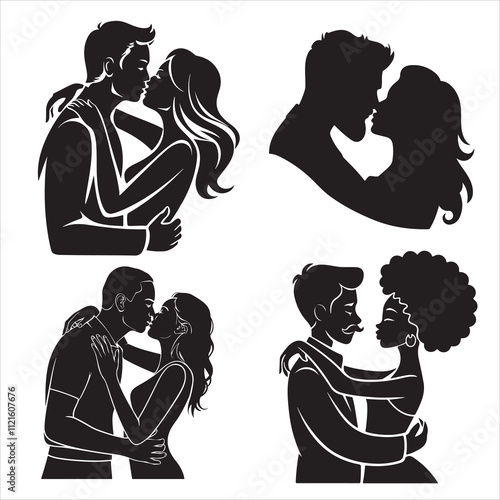 Set of silhouette Romantic couple, lovers hug, kiss and proposing vector