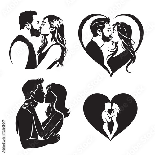 Set of silhouette Romantic couple, lovers hug, kiss and proposing vector