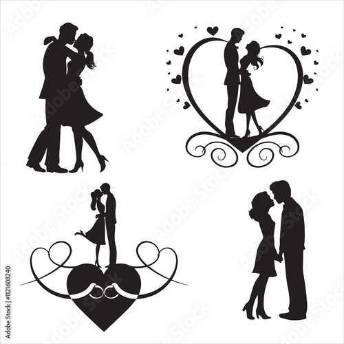 Set of silhouette Romantic couple, lovers hug, kiss and proposing vector