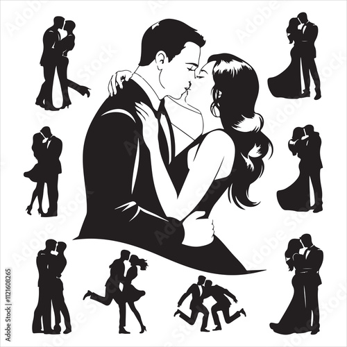 Set of silhouette Romantic couple, lovers hug, kiss and proposing vector