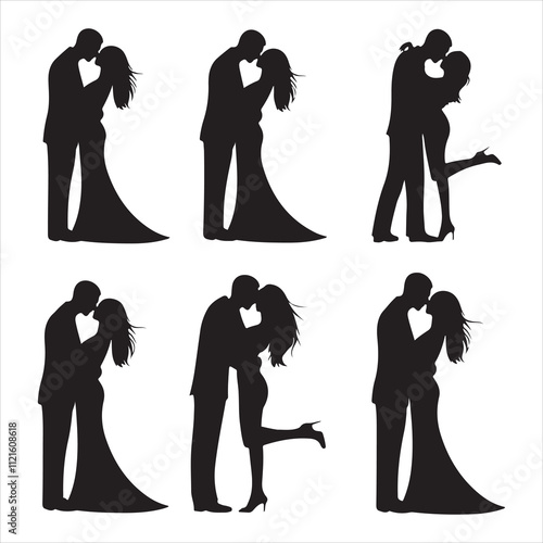 Set of silhouette Romantic couple, lovers hug, kiss and proposing vector