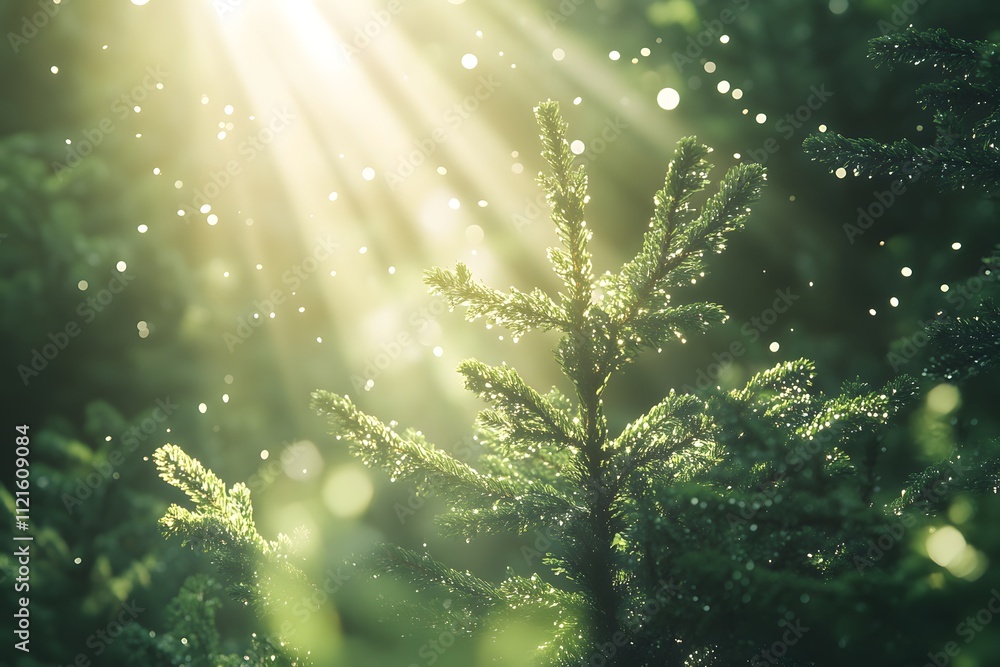 Sunlit Forest, Serene Nature: Sunbeams pierce through the leaves of an evergreen tree, illuminating droplets of water and creating a magical, tranquil atmosphere. Sunlit Forest, Serene Nature: Sunbeams pierce through the leaves of an evergreen tree, illuminating droplets of water and creating a magical, tranquil atmosphere.