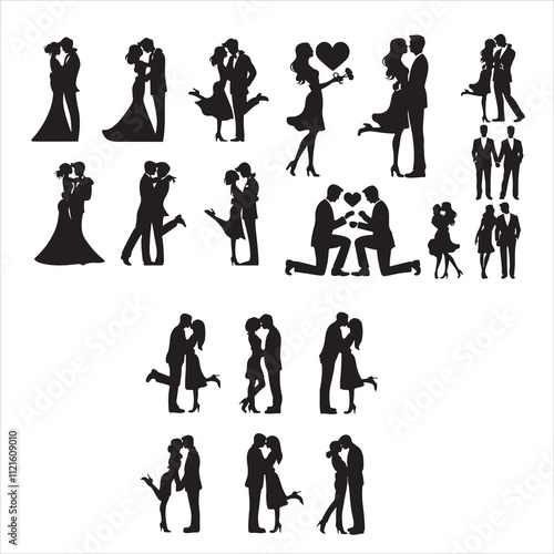 Set of silhouette Romantic couple, lovers hug, kiss and proposing vector