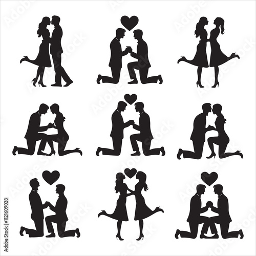 Set of silhouette Romantic couple, lovers hug, kiss and proposing vector